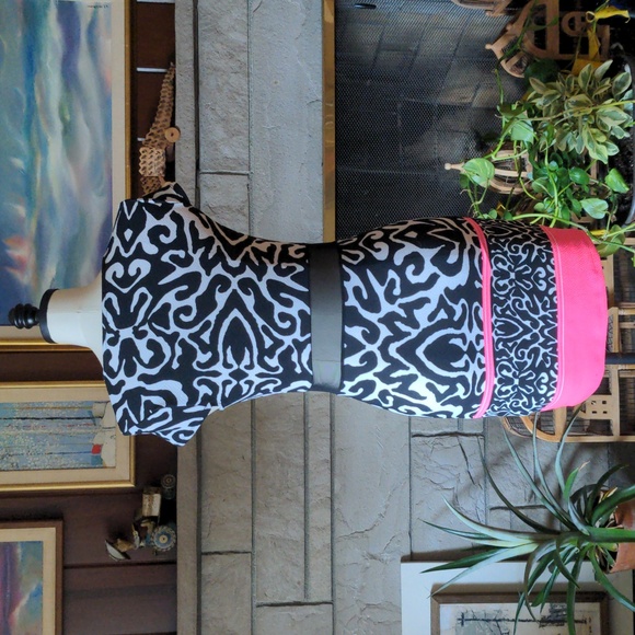 Awesome Flirty Alt. B Dress with Sheer Midsection Small Black White Neon Pink - Picture 2 of 5